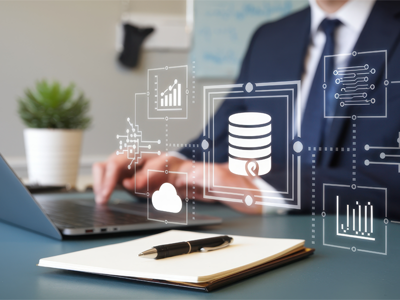 Person in business attire working on a laptop with digital icons for cloud storage, data management, and analytics in the context of RLE’s Certified Data Service Provider operations for onboarding, translation, validation, and release of Teamcenter data.