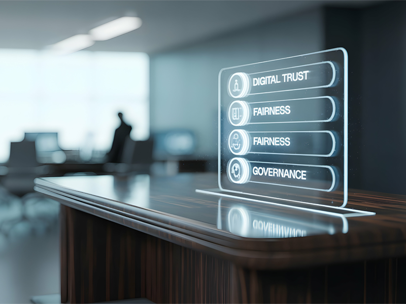 Digital display with the terms digital trust, fairness, and governance in an office environment.