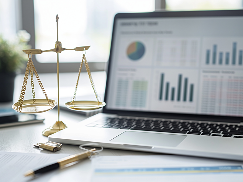 Laptop displaying charts and analytics on a desk with a golden balance scale, documents, and a pen in an office setting.