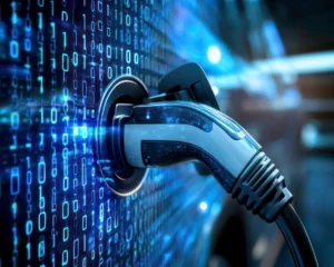 lectric vehicle charging plug connected to a wall with illuminated binary code in blue tones.