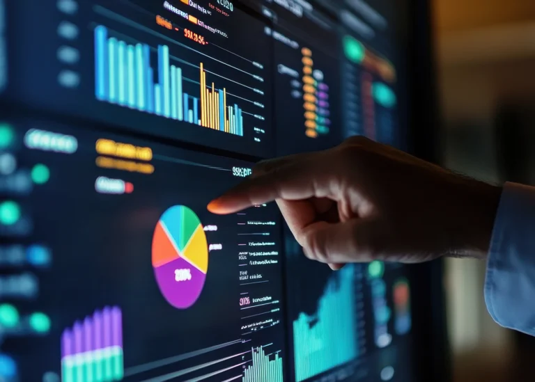 Hand zeigt auf digitalen Bildschirm mit Balken- und Kreisdiagrammen in Datenanalyse-Umgebung.