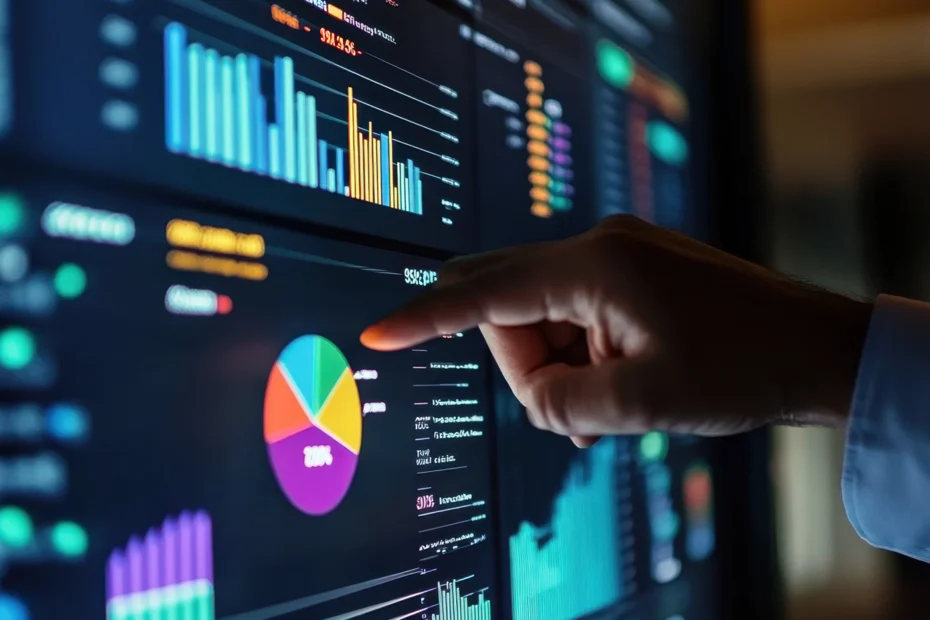 Hand zeigt auf digitalen Bildschirm mit Balken- und Kreisdiagrammen in Datenanalyse-Umgebung.