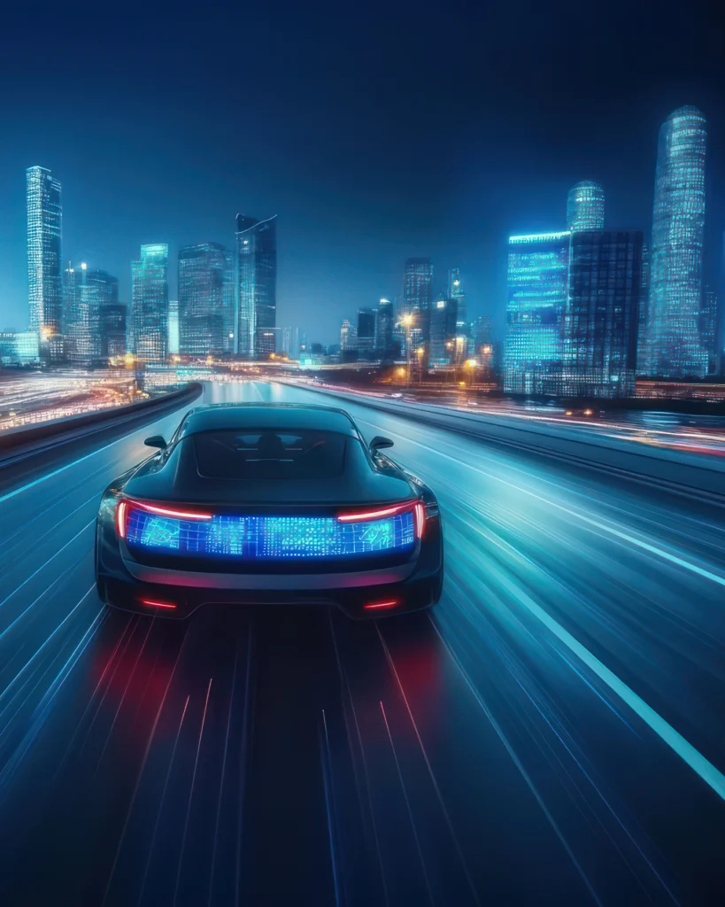 Electric vehicle driving through a city at night with illuminated buildings and motion blur effects in blue tones.
