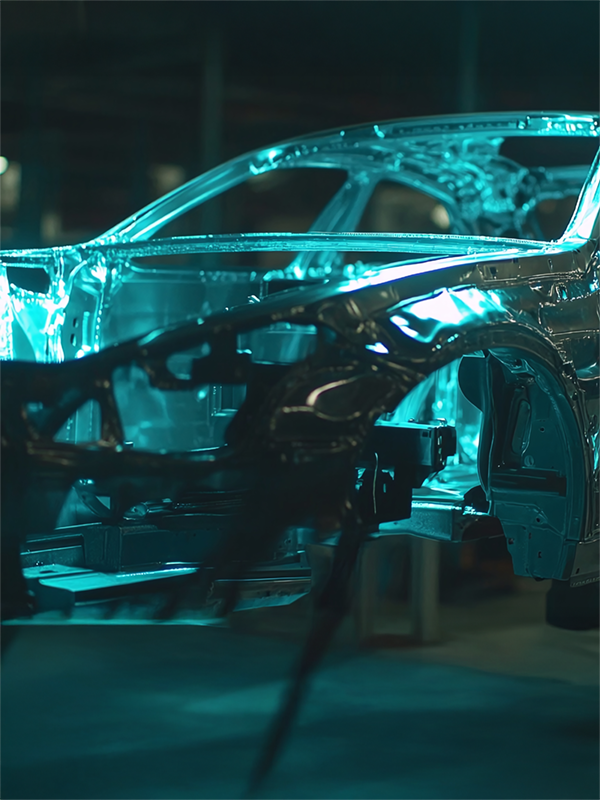 Aluminum car body cast in one part on a production line illuminated in blue light during the Giga Casting process.