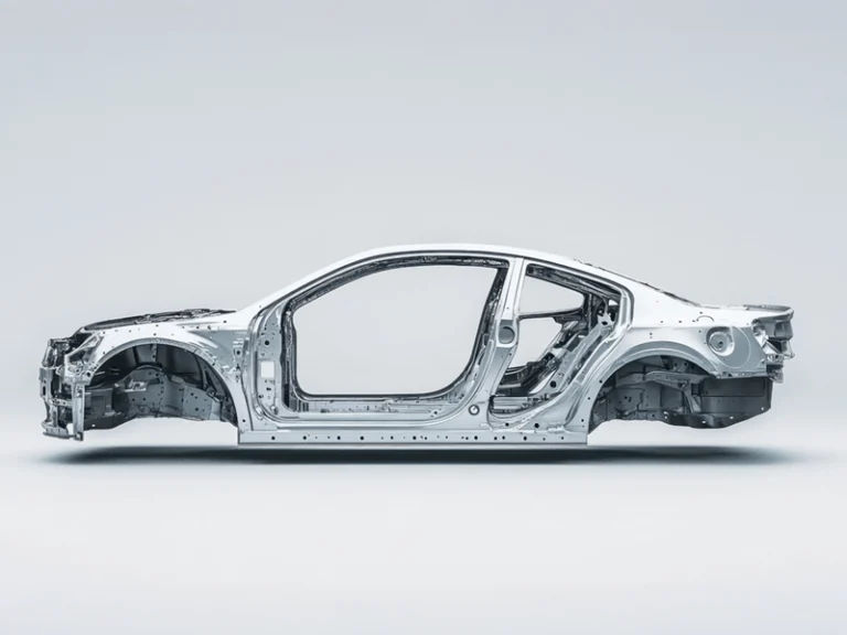 Aluminum car body structure made from large Giga Casted parts with reduced number of components.
