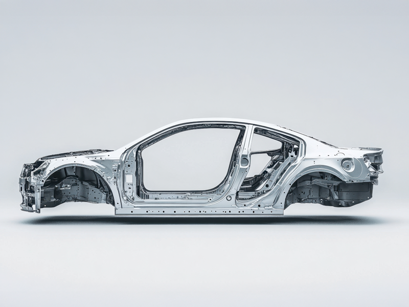 Aluminum car body structure made from large Giga Casted parts with reduced number of components.