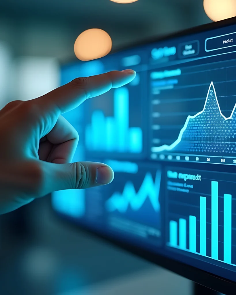 Hand pointing at digital screen displaying charts and data related to electric vehicle market performance and cost analysis.