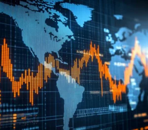 Digital world map with orange and blue stock market graphs and financial data overlay on a dark background.