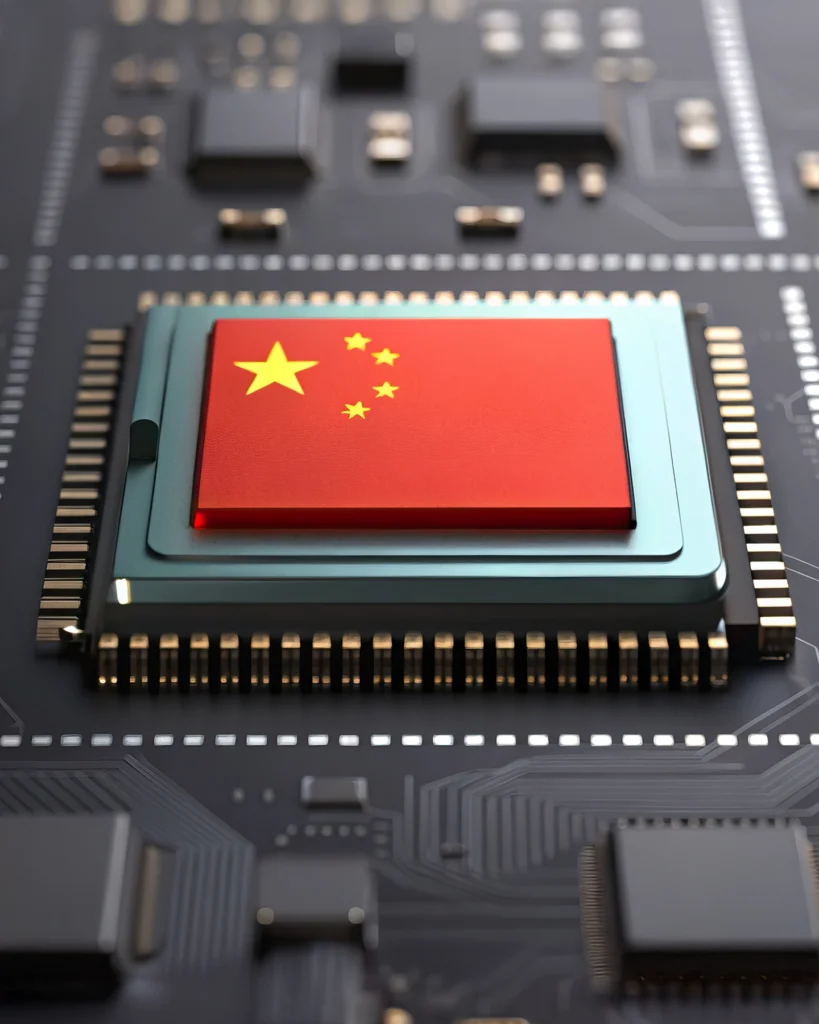 Microchip with the flag of China on a circuit board in the context of China’s lead in digital ecosystems.