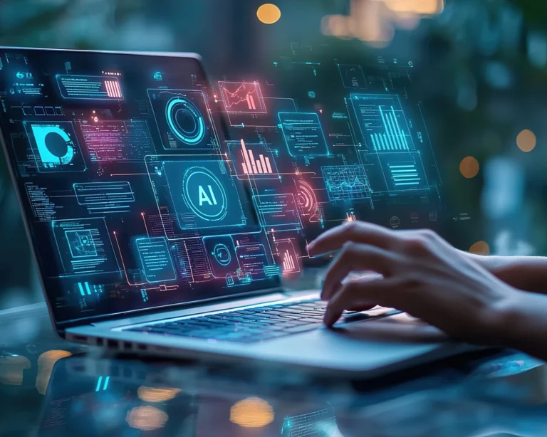 Person working on laptop displaying digital AI interface with data charts and engineering system visualizations.