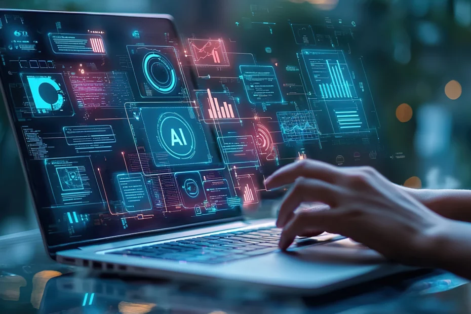 Person working on laptop displaying digital AI interface with data charts and engineering system visualizations.
