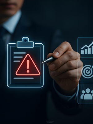 Businessperson selecting a digital warning icon on a virtual clipboard.