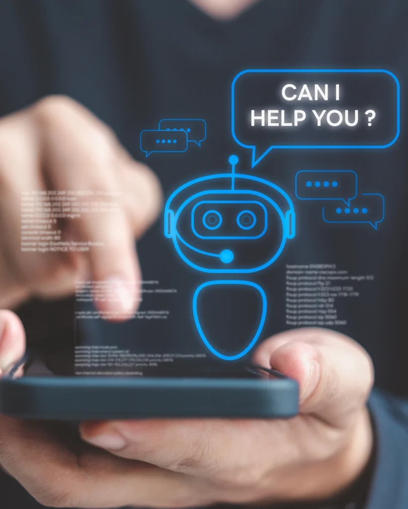Person using smartphone with digital chatbot interface and AI assistant icon displayed on the screen.