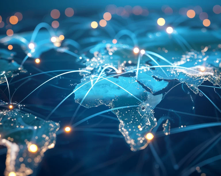 World map at night with illuminated cities and connected network lines representing global engineering regions and markets.