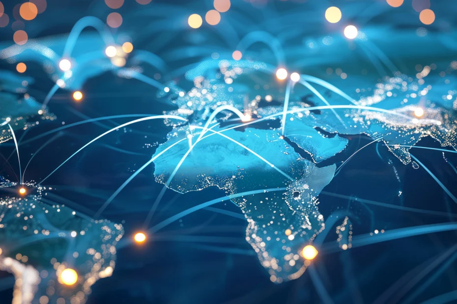 World map at night with illuminated cities and connected network lines representing global engineering regions and markets.