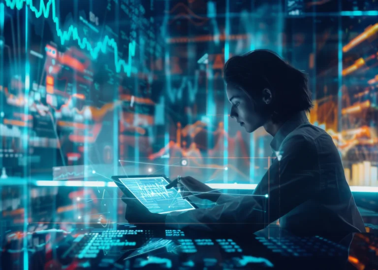 Woman working on a digital tablet surrounded by holographic financial charts and data visualizations in a futuristic environment.