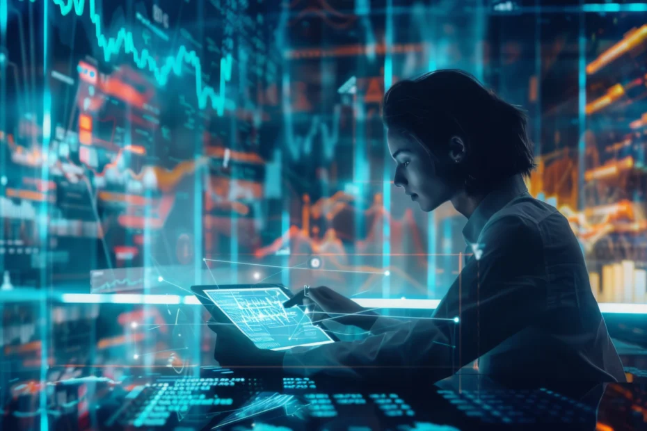 Woman working on a digital tablet surrounded by holographic financial charts and data visualizations in a futuristic environment.