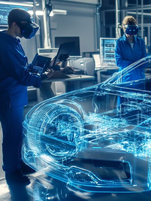 Engineers using virtual reality headsets to examine a digital 3D car simulation in an advanced automotive design laboratory.