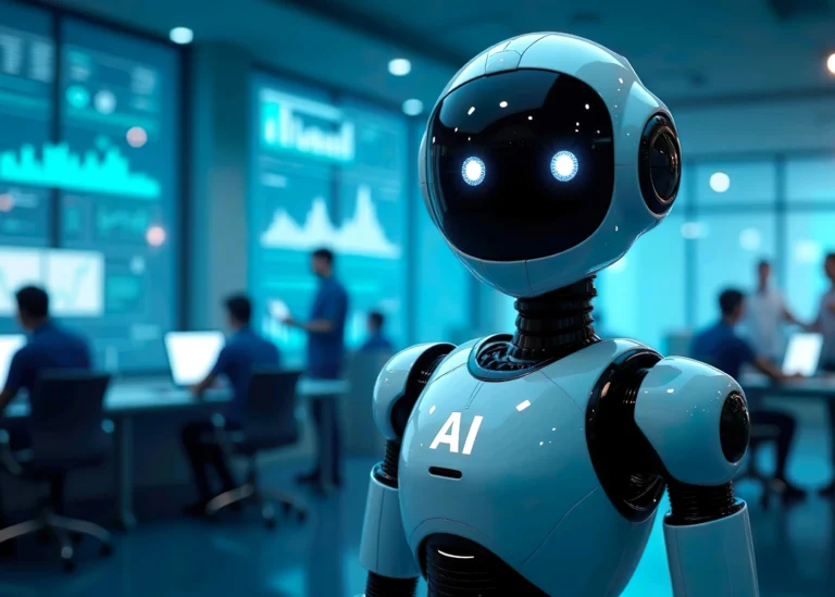 Humanoider Roboter mit AI-Aufschrift im Vordergrund in modernem Büro mit Datenanalyse-Monitoren im Hintergrund.