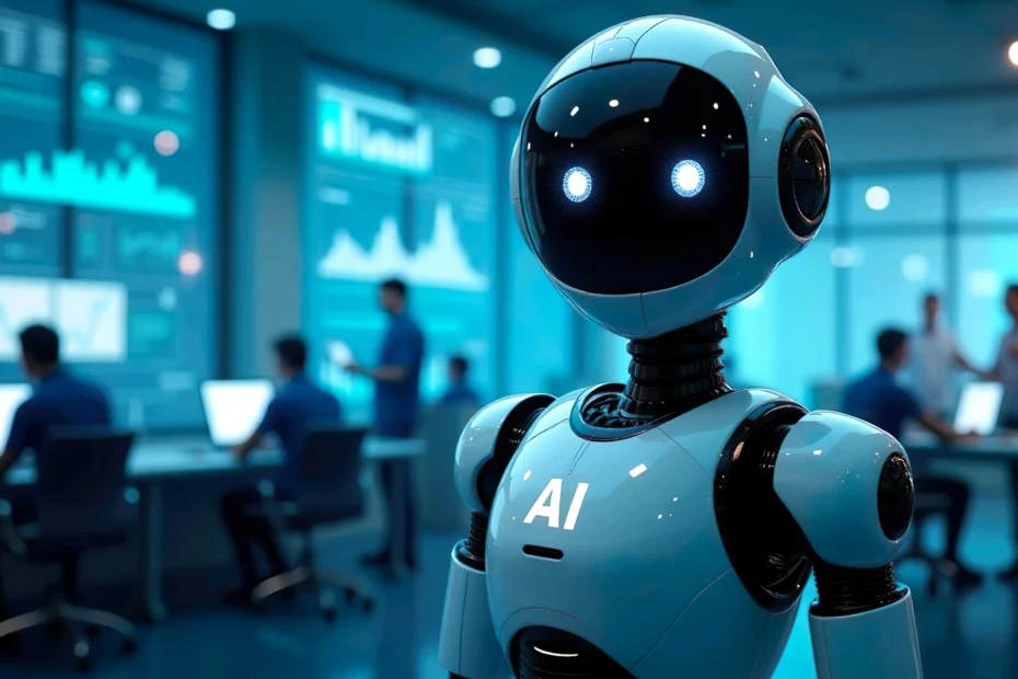 Humanoider Roboter mit AI-Aufschrift im Vordergrund in modernem Büro mit Datenanalyse-Monitoren im Hintergrund.