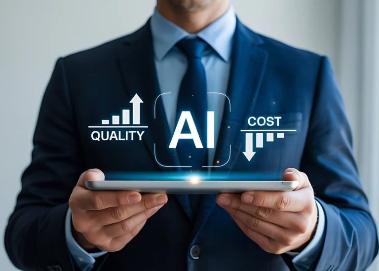 Geschäftsmann in Anzug hält Tablet mit digitalem AI-Symbol sowie den Begriffen Quality und Cost.