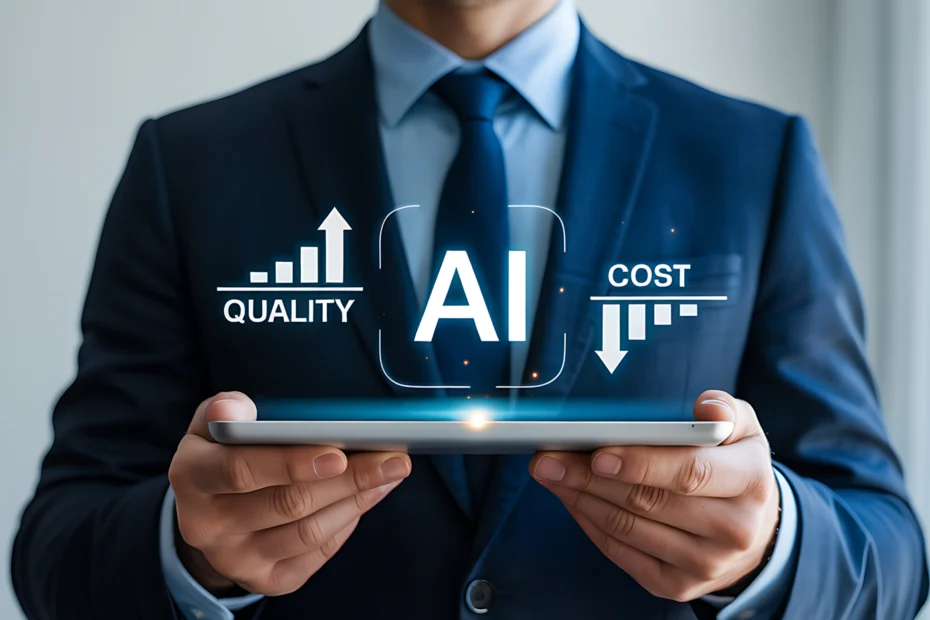 Geschäftsmann in Anzug hält Tablet mit digitalem AI-Symbol sowie den Begriffen Quality und Cost.