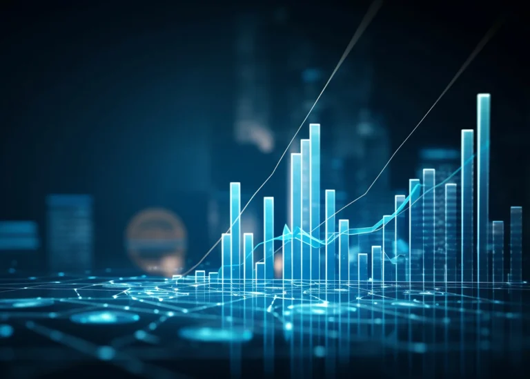 Digital 3D bar chart with glowing blue data lines and network connections on a dark background.
