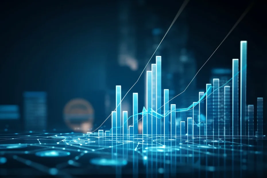 Digital 3D bar chart with glowing blue data lines and network connections on a dark background.