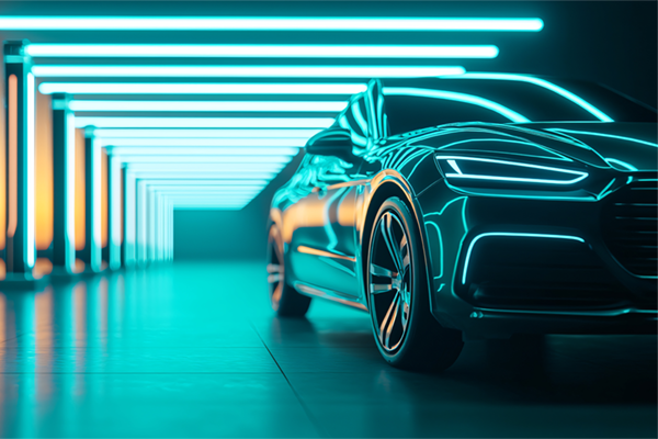 Modernes Elektrofahrzeug in einer neonbeleuchteten Umgebung mit Fokus auf die Fahrzeugfront, futurischem Lichtdesign und digitaler Anmutung.