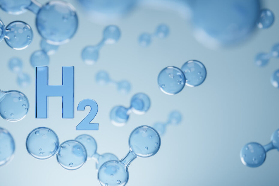 Blaue Wasserstoffmoleküle mit H₂-Schriftzug vor hellem Hintergrund.
