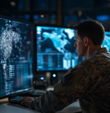 Military personnel in camouflage uniform monitoring global data on multiple digital screens in a defense operations center.
