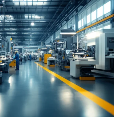 Large industrial hall with workstations, machinery, and a person in workwear, typical for a mechanical engineering environment.