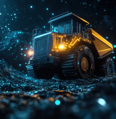 Heavy-duty special vehicle with illuminated details driving through a stylized, glowing terrain in a dramatic nighttime setting.