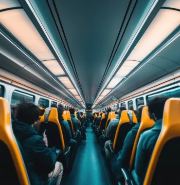 Interior view of a modern railway carriage with passengers seated in rows under illuminated ceiling panels.