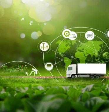 A green landscape with a truck, interconnected icons, and a world map in the background, representing logistics, technology, and sustainability & responsibility in global supply chains.