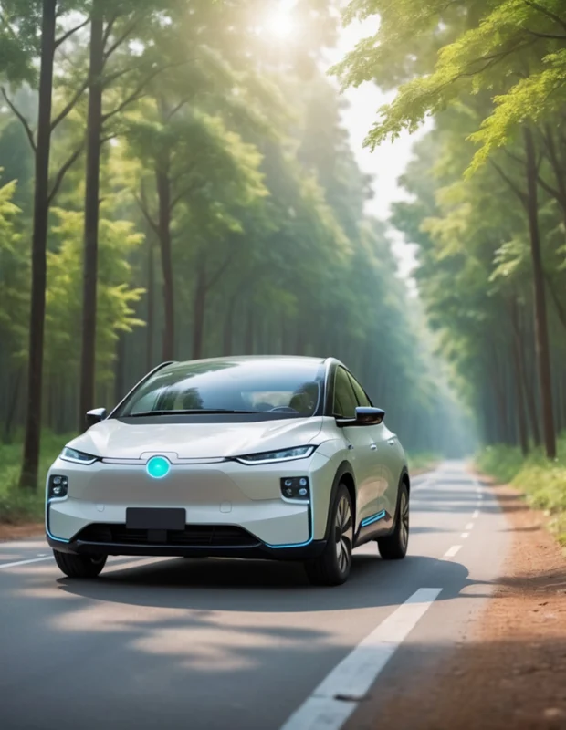 Electric car or hydrogen energy car on road midst forest and natural. zero emission Mobility.