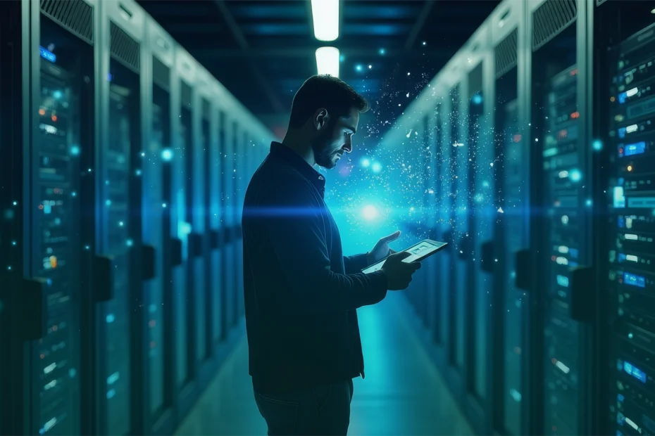 Engineer standing in a data center corridor using a digital tablet surrounded by illuminated server racks as part of certified data service operations.