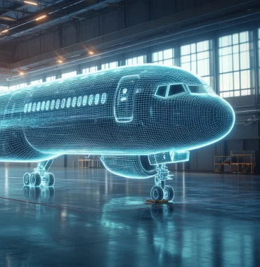 Digital wireframe model of a passenger aircraft displayed in a hangar-like environment.