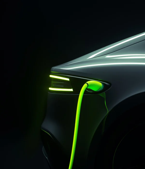 Heruntergeladen Sleek electric car charging at night with neon green cable, futuristic eco-friendly transportation. Electric power supply. Vehicle isolated on a black background