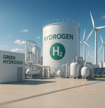 Hydrogen production plant with storage tanks labeled Green Hydrogen and H₂, surrounded by wind turbines and solar panels.