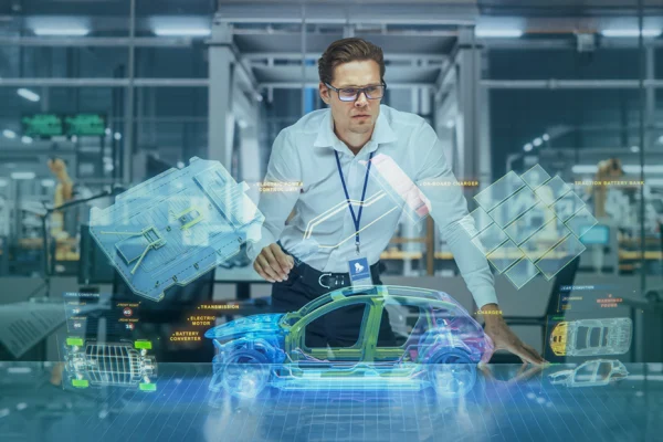 An engineer at RLE International works on advanced automotive development services, analyzing a 3D holographic model of a car with detailed battery and component systems displayed on a high-tech interface.