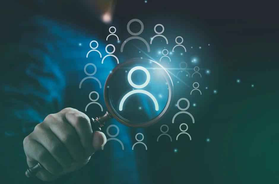 A hand holding a magnifying glass over digital human icons, with glowing symbols representing candidate profiles in the context of personnel placement.