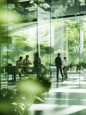 A modern office space with large glass windows, surrounded by lush greenery and filled with natural light, reflecting an environmental focus on sustainable design and a connection to nature.