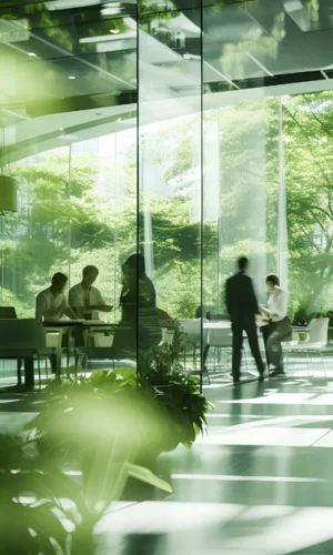 A modern office space with large glass windows, surrounded by lush greenery and filled with natural light, reflecting an environmental focus on sustainable design and a connection to nature.