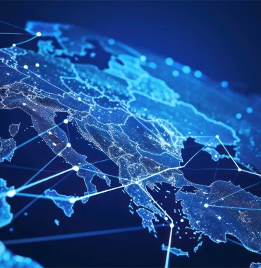 A digital map of Europe and surrounding regions displays glowing connections and nodes, showcasing prototyping within a global network of technology and innovation.
