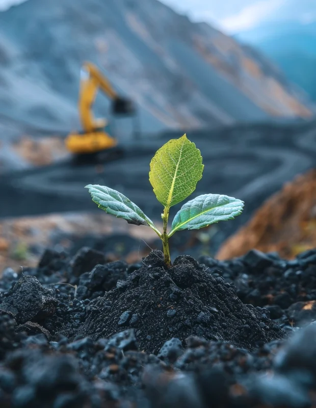 A small green plant grows in dark soil with heavy machinery working in the background, showing the use of hydrogen technology and innovation in sustainable industrial operations.