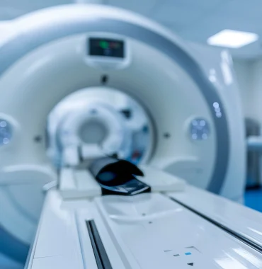 Close-up view of a modern MRI scanner in a clinical setting, showcasing advanced medical technology used for diagnostic imaging.