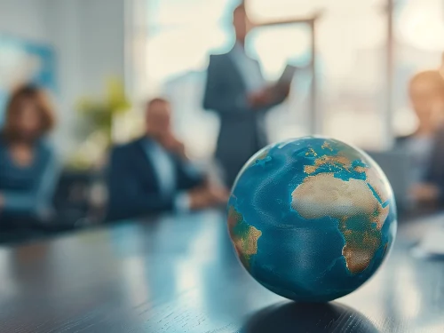 A globe on a conference table with professionals in the background, highlighting global collaboration and career opportunities in an international work environment.