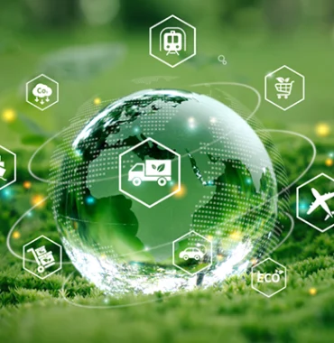 A glass globe sits on vibrant green moss, surrounded by digital icons representing eco-friendly logistics, transportation, and CO₂ reduction, symbolizing the social responsibility of sustainable supply chain practices.